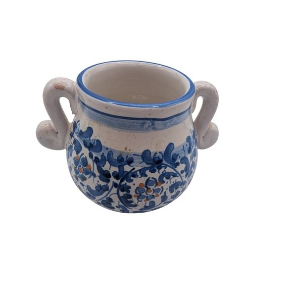 Hand-Painted Italian Pottery Sugar Bowl With Dual Handles & Blue Floral Design - Picture 3 of 9